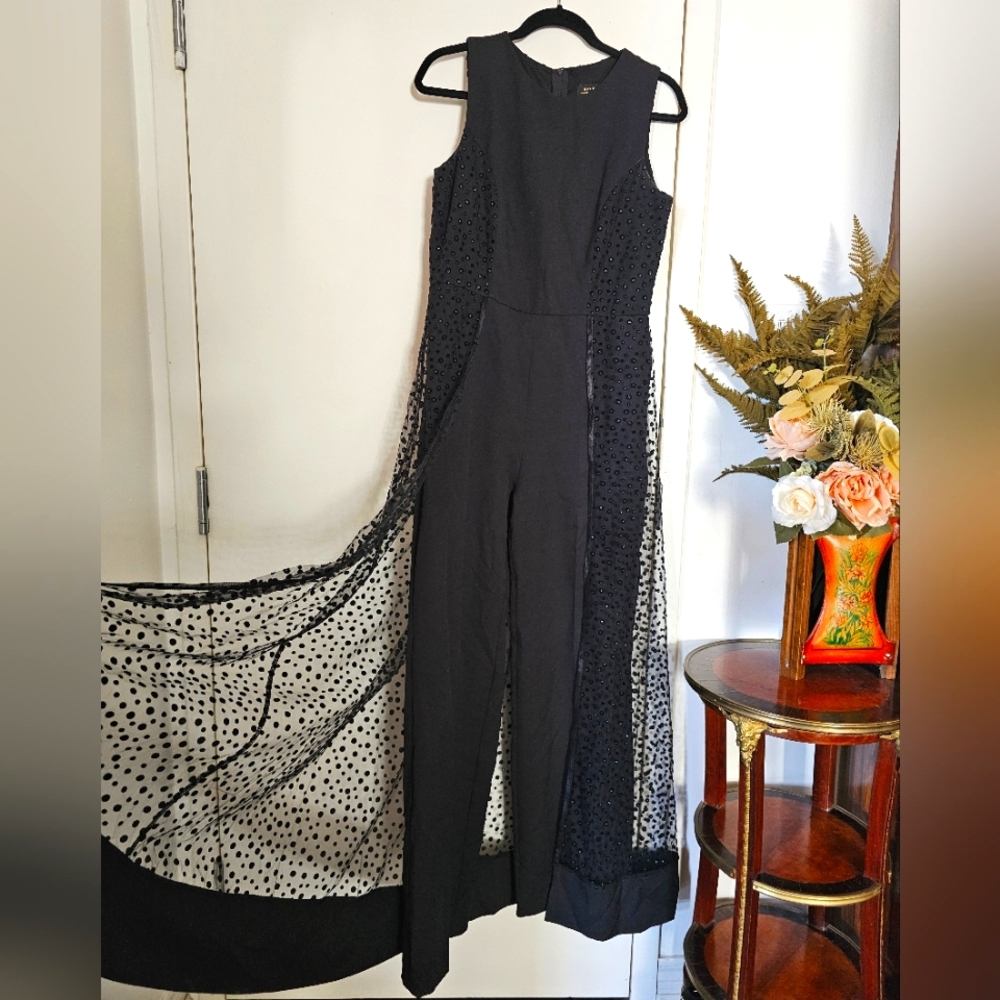 Formal Jumpsuit with Sheer Polka Dot Dressy Duster Overlay Black